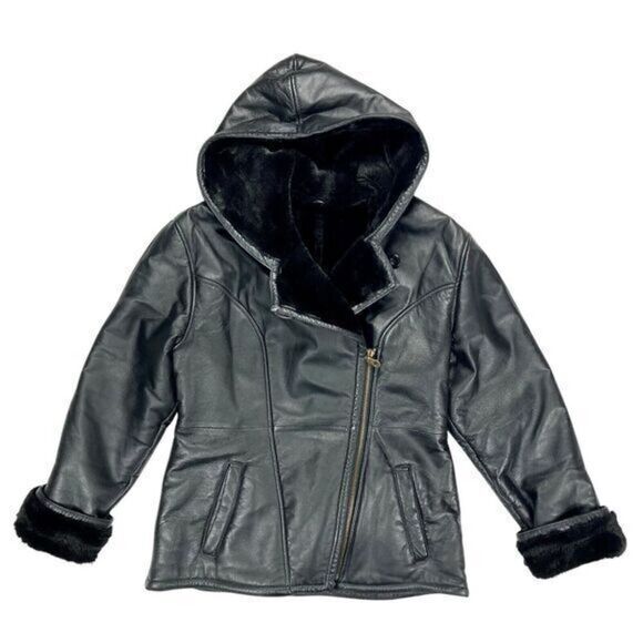 Wilsons Leather Hooded Coat Women M Black Genevieve Fur Lined Moto Grunge Jacket